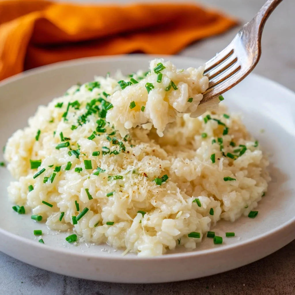 Creamy parmesan risotto with chives and cheese, a fork lifting a serving from the plate.