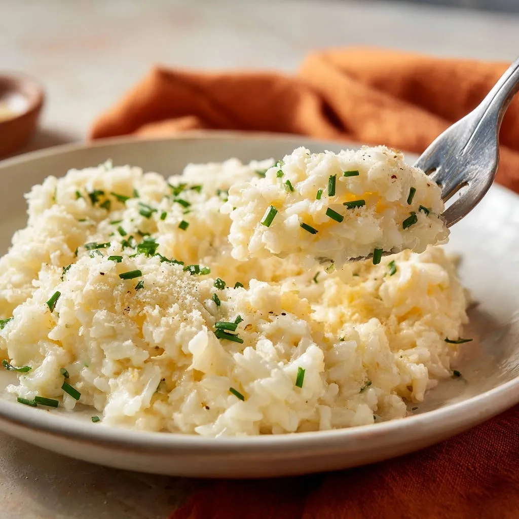 Creamy Parmesan Risotto with a forkful lifted, showcasing its silky texture and chive garnish.