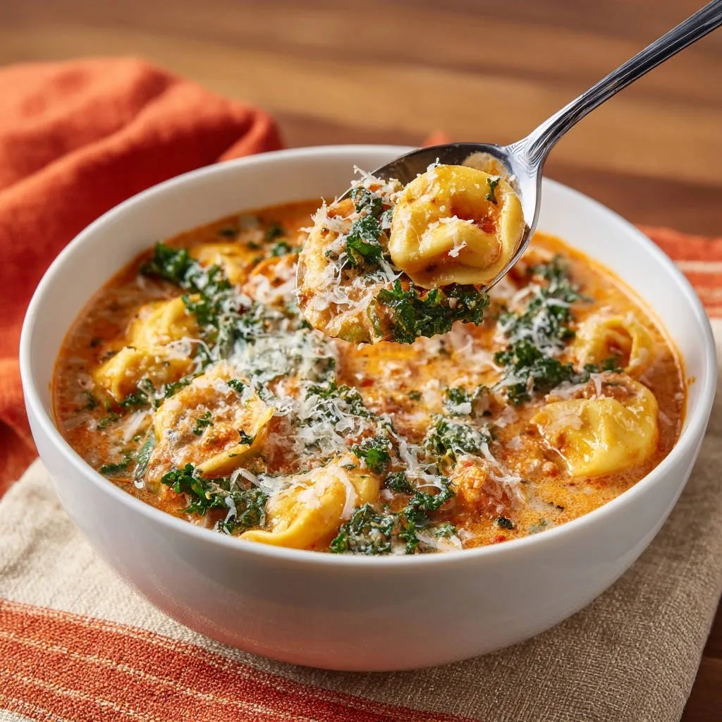 Creamy sausage and kale tortellini soup shown in a white bowl with a spoonful lifted, showcasing tender tortellini and greens.