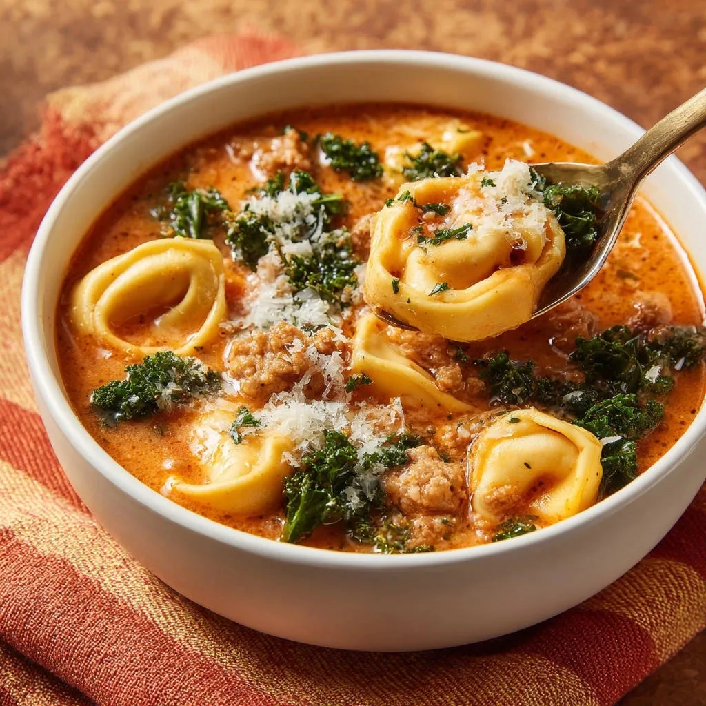 Creamy sausage and kale tortellini soup with a spoonful lifted, showing tender tortellini and rich broth.