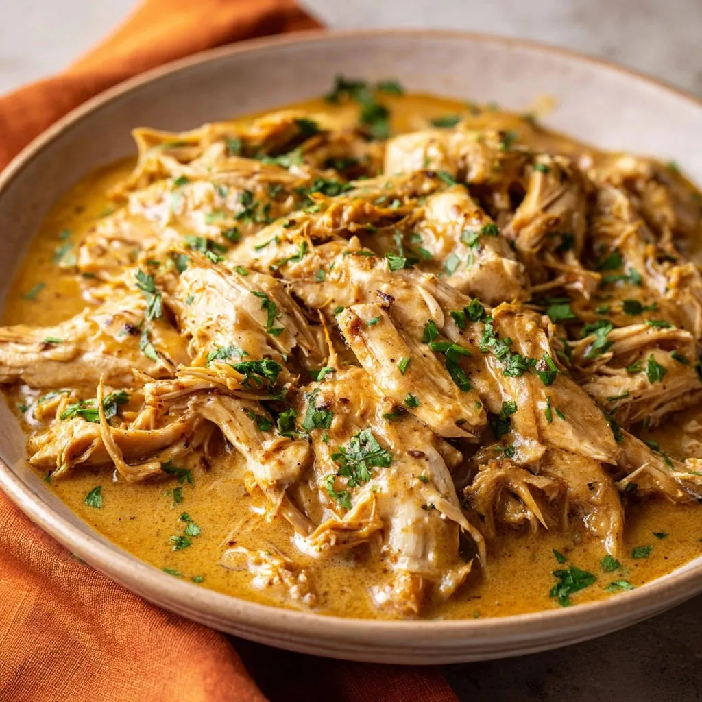 Creamy shredded chicken in a bowl, generously garnished with fresh parsley and bathed in a rich, savory sauce.