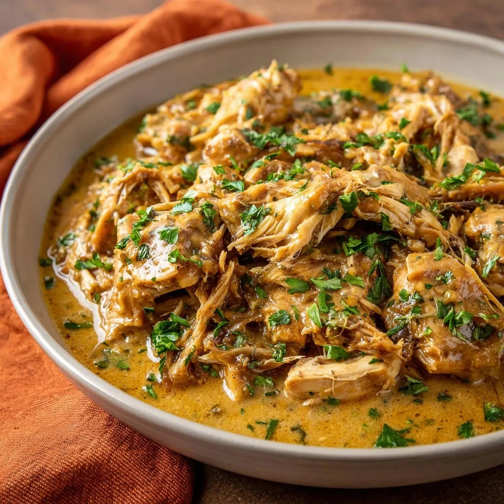 Creamy shredded chicken, tender and flavorful, generously garnished with fresh parsley in a bowl.