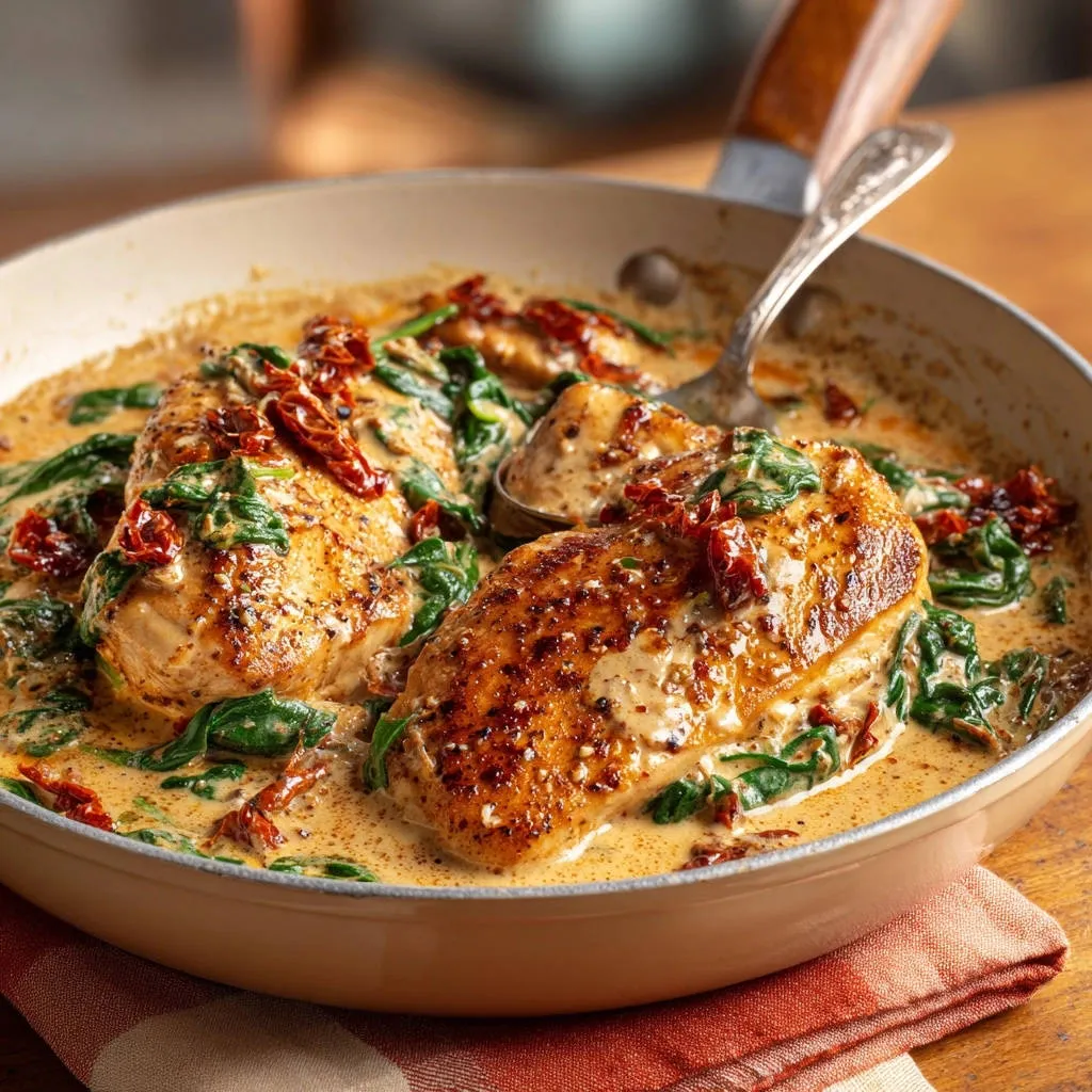 Creamy skillet chicken with spinach and sun-dried tomatoes, shown as a close-up of a serving being lifted from the pan.