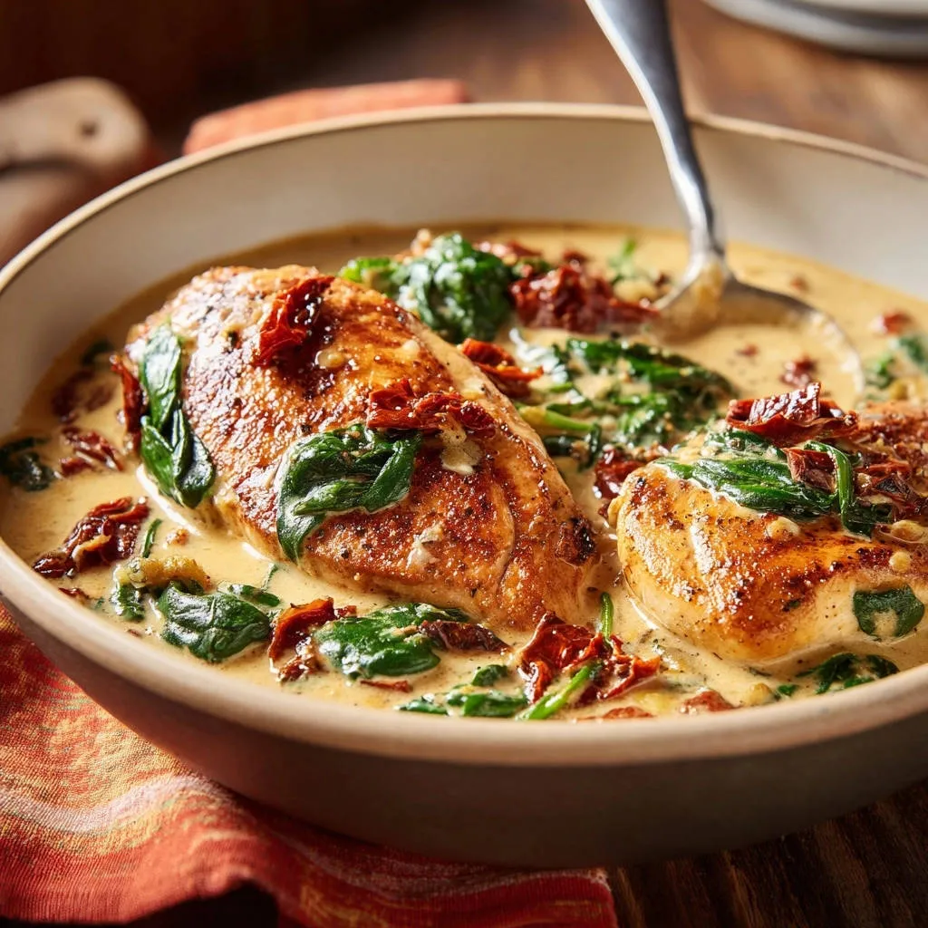 Creamy Skillet Chicken with Spinach & Sun-Dried Tomatoes: Your Juicy Weeknight Hero - recipe image