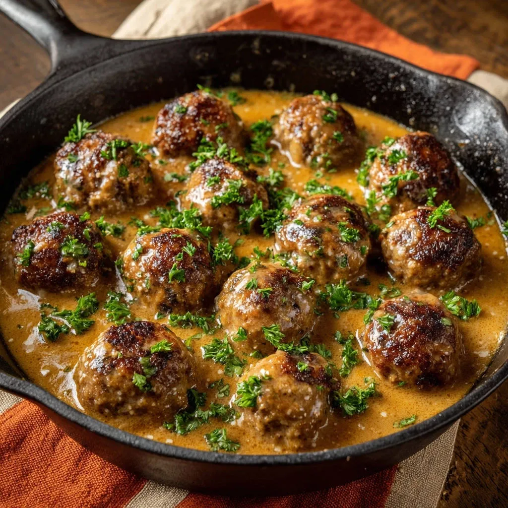 Creamy skillet meatballs in a cast iron skillet, generously garnished with fresh parsley.