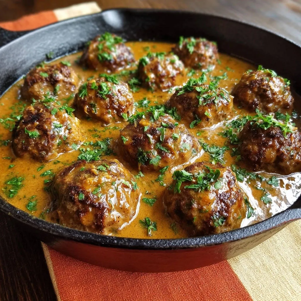 Creamy skillet meatballs garnished with fresh parsley, nestled in a rich, savory sauce in a black cast-iron pan.
