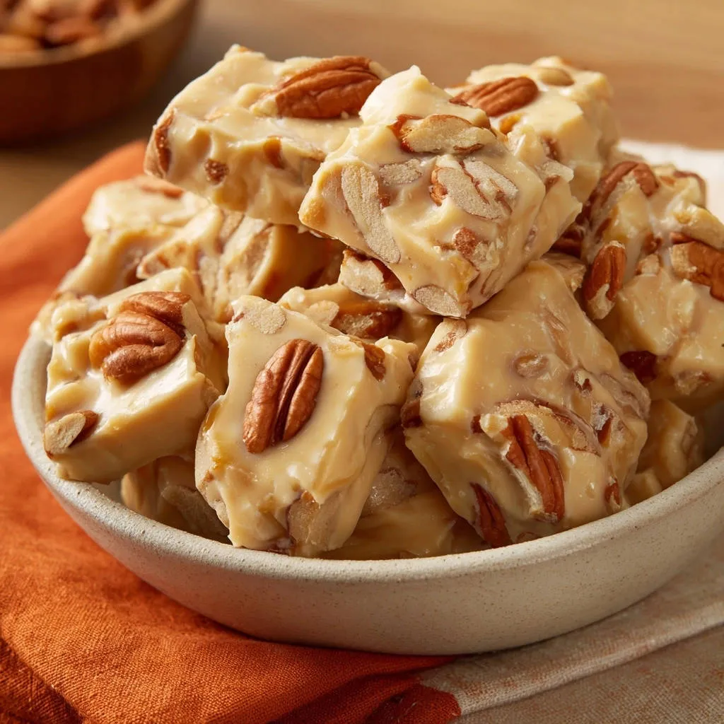 Creamy Southern Pecan Fudge piled high in a rustic bowl, showcasing whole and chopped pecans within the creamy confection.