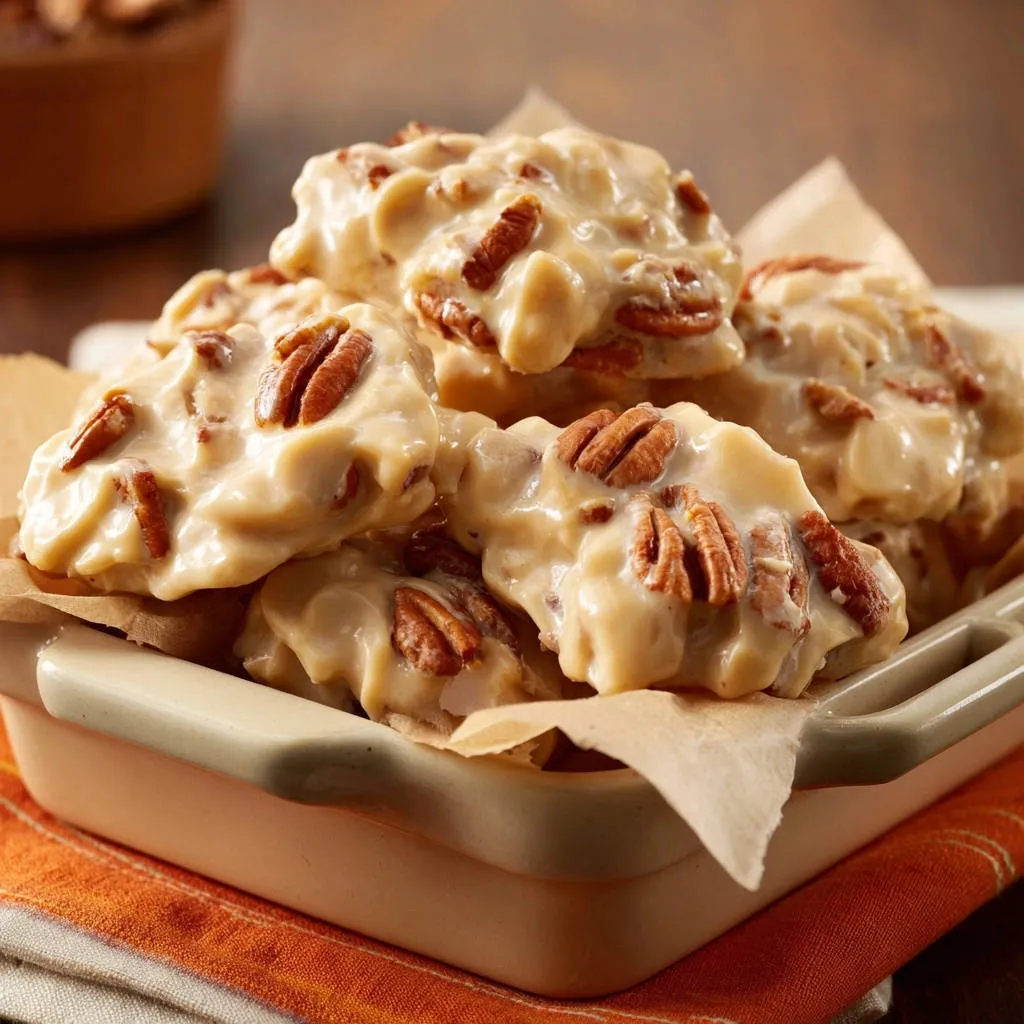 Creamy Southern Pecan Fudge featuring a close-up detail of the embedded pecans in the rich confection.