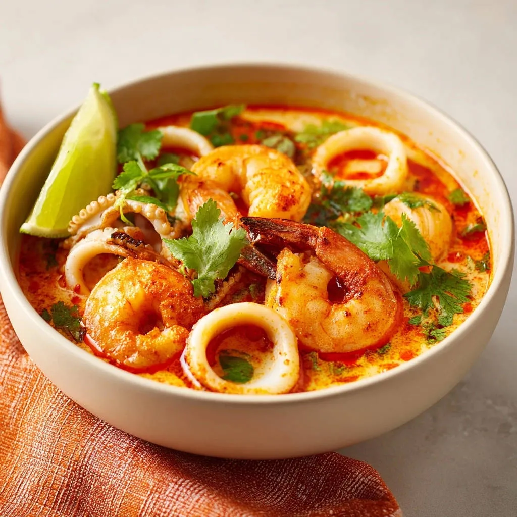 Creamy spicy seafood soup is served in a bowl with a lime wedge and fresh cilantro garnish.