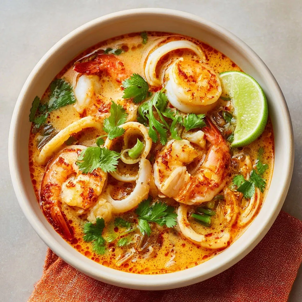 Creamy spicy seafood soup with shrimp and calamari, garnished with cilantro and lime in a bowl.