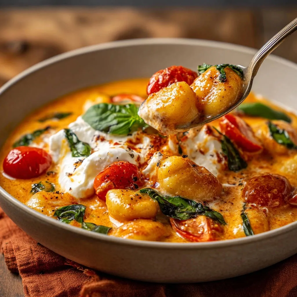 Creamy tomato basil gnocchi featuring a spoonful of pillowy gnocchi in rich sauce with burrata and tomatoes.
