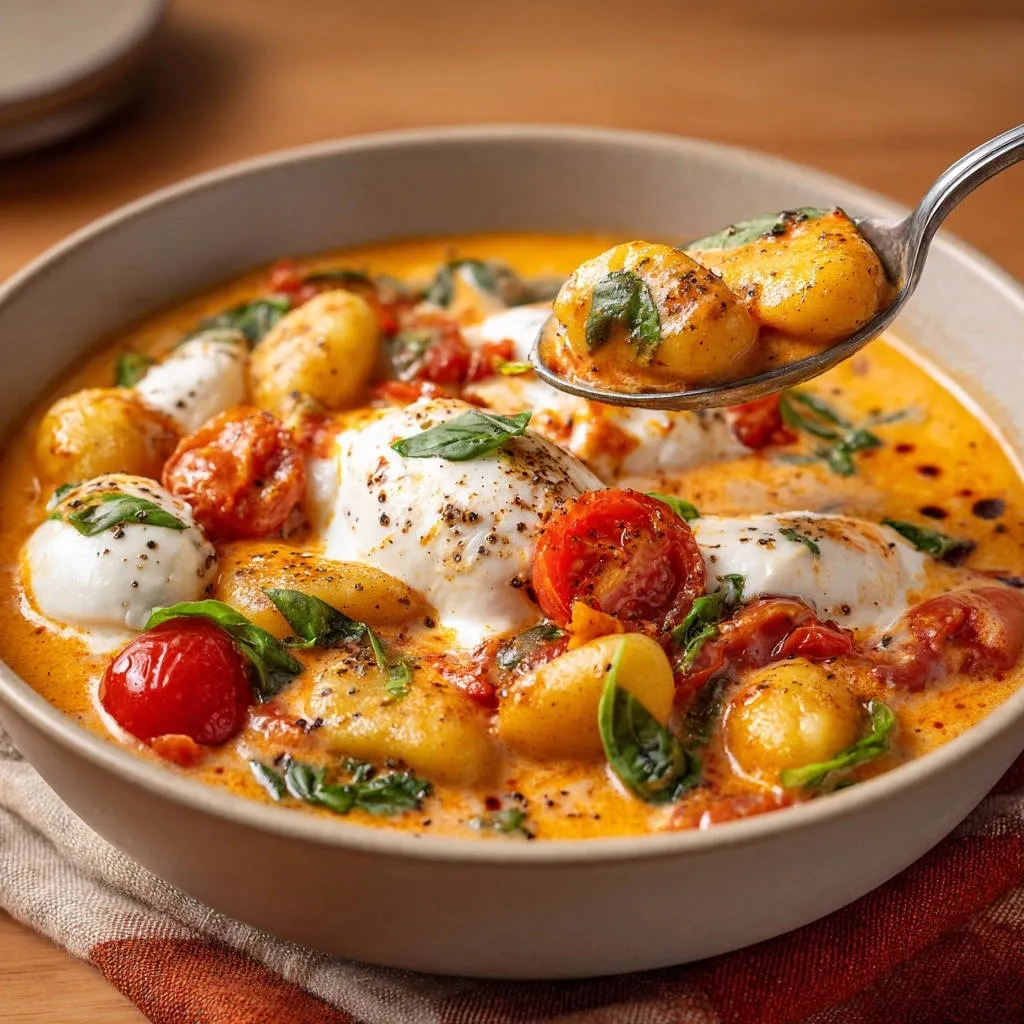 Creamy tomato basil gnocchi with a spoonful being lifted, showing pillowy gnocchi and fresh basil.