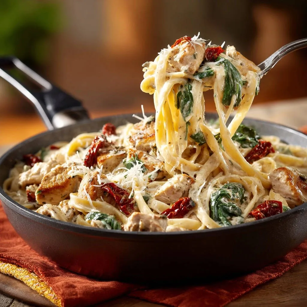 Creamy Tuscan chicken pasta with sun-dried tomatoes and spinach, lifted on a fork to show creamy sauce detail.