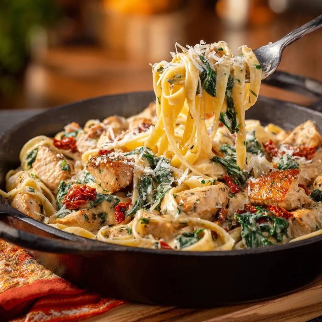 Creamy Tuscan chicken pasta twirled onto a fork, showcasing tender chicken, spinach, and sun-dried tomatoes in a rich sauce.