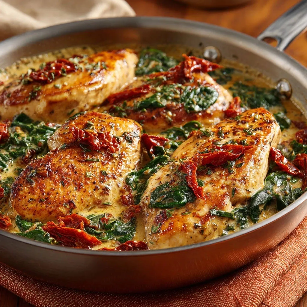 Creamy Tuscan chicken skillet featuring juicy chicken breasts simmering with spinach and sun-dried tomatoes in a rich sauce.