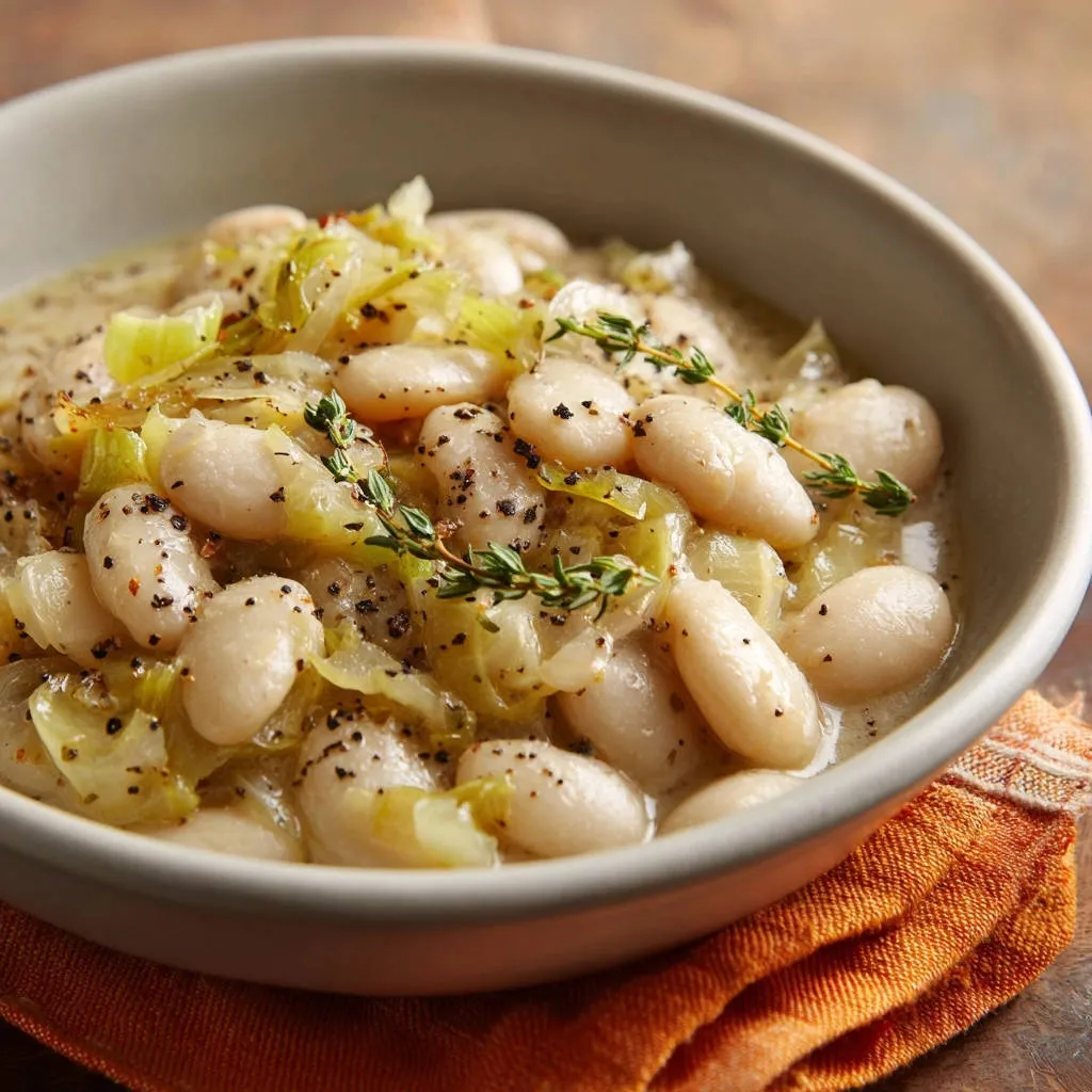 Creamy white beans with leeks, a comforting dish garnished with fresh thyme sprigs and cracked black pepper.