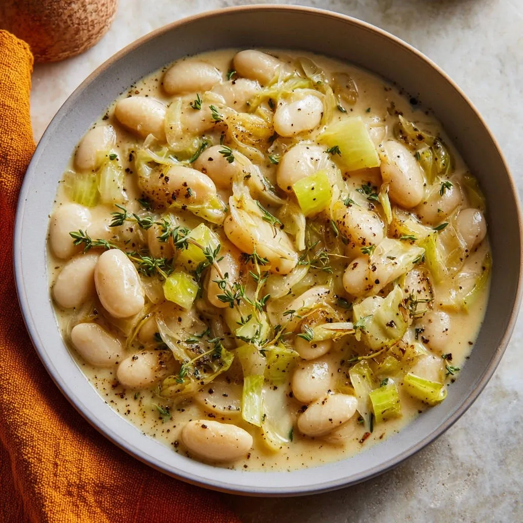 Creamy white beans with leeks served in a bowl, garnished with thyme and cracked pepper, shown from an overhead perspective.