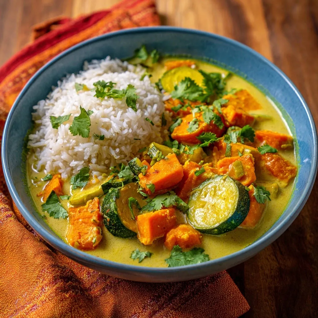 Creamy yellow curry with chicken and veggies served in a blue bowl with white rice and fresh cilantro garnish.