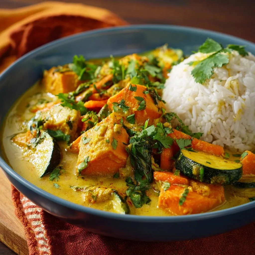 Creamy yellow curry with chicken and veggies served in a blue bowl with a side of white rice, garnished with cilantro.