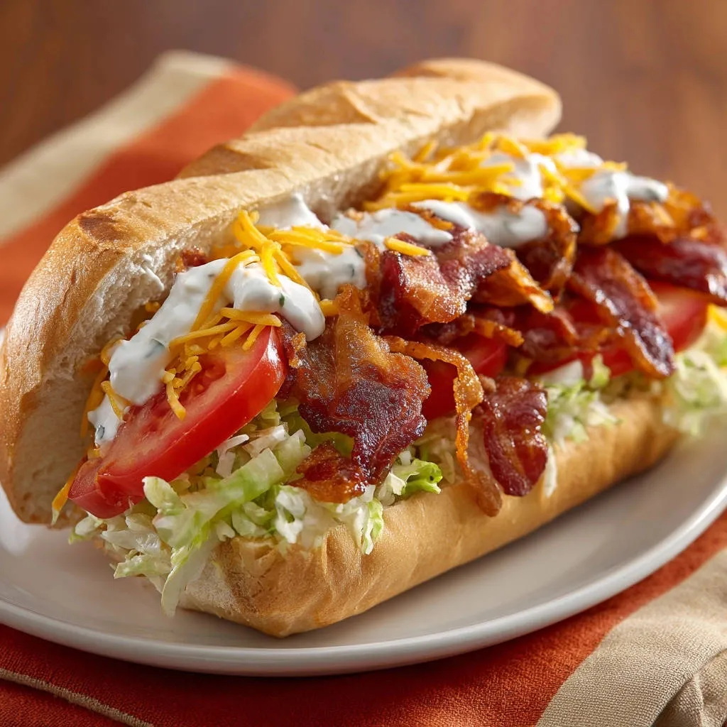 Crispy bacon ranch sub plated on a white dish with lettuce, tomato, cheese, and ranch dressing.