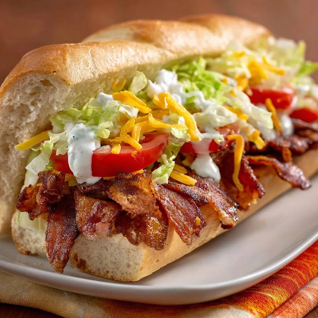 Crispy bacon ranch sub shown in a close-up side view, revealing layers of bacon, lettuce, tomato, and creamy dressing.