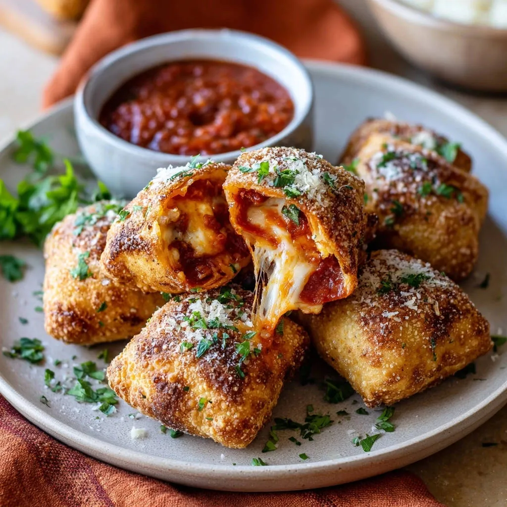Crispy cheesy pizza bites cross-section revealing melted cheese and pepperoni, served with marinara dip.