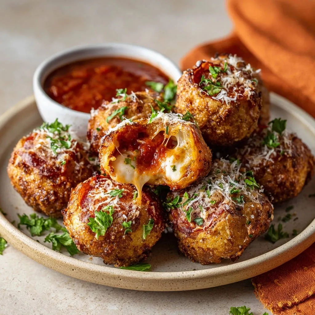 Crispy cheesy pizza bites cross-section revealing melted mozzarella and rich tomato sauce, garnished with parsley.