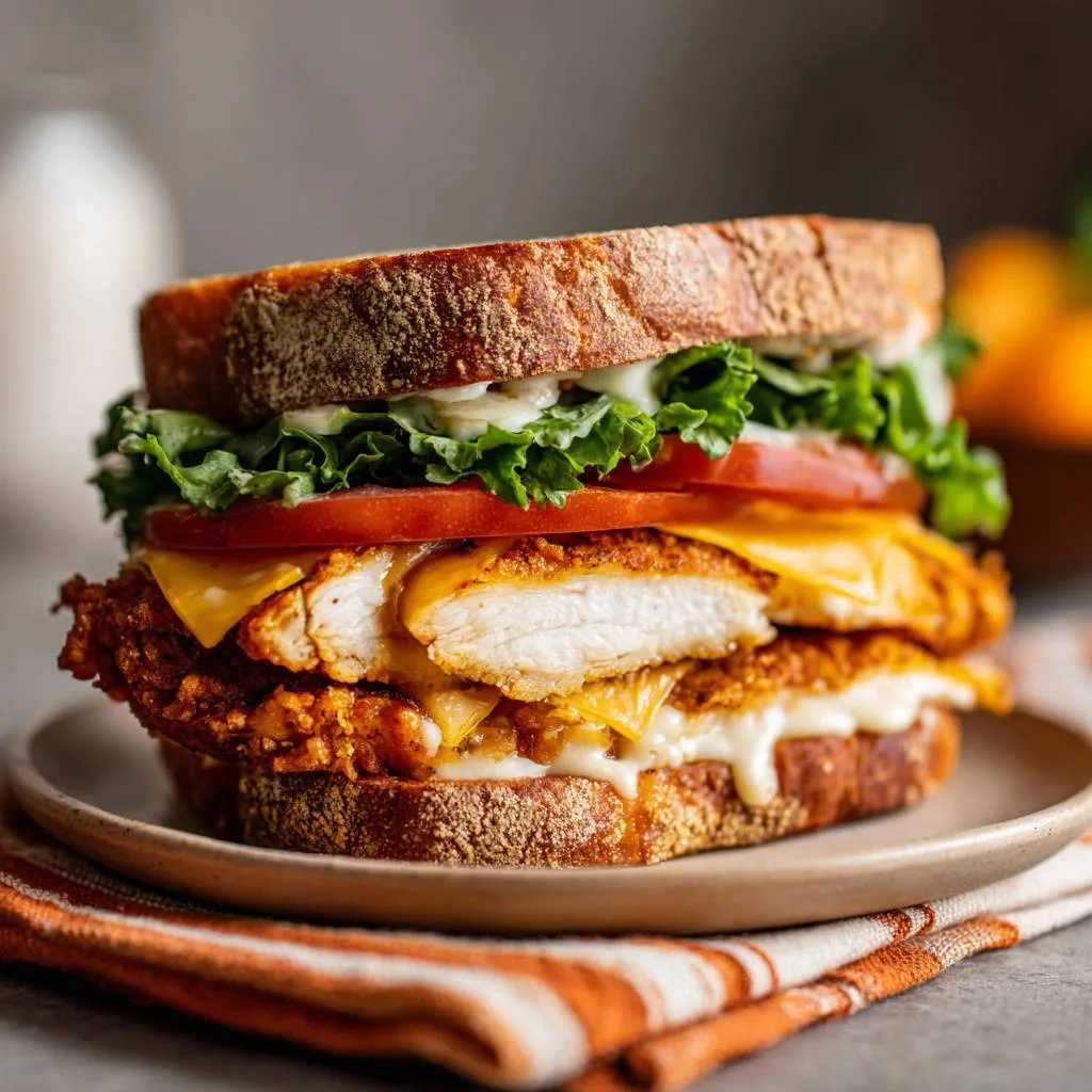 Crispy chicken sandwich cross-section detail showing layers of fried chicken, melted cheese, tomato, lettuce, and sauce on toasted bread.