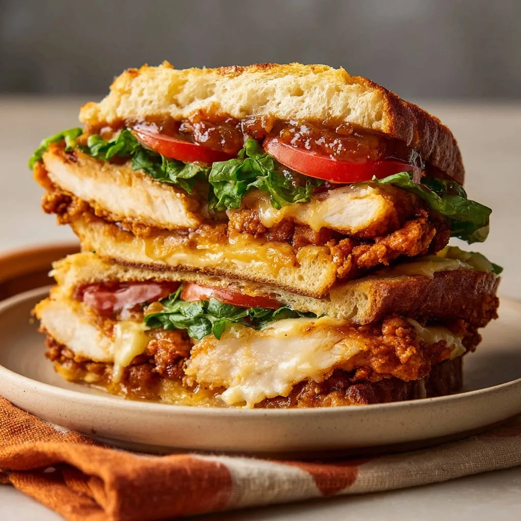Crispy chicken sandwich cross-section revealing juicy chicken, melted cheese, and fresh toppings on toasted bread.