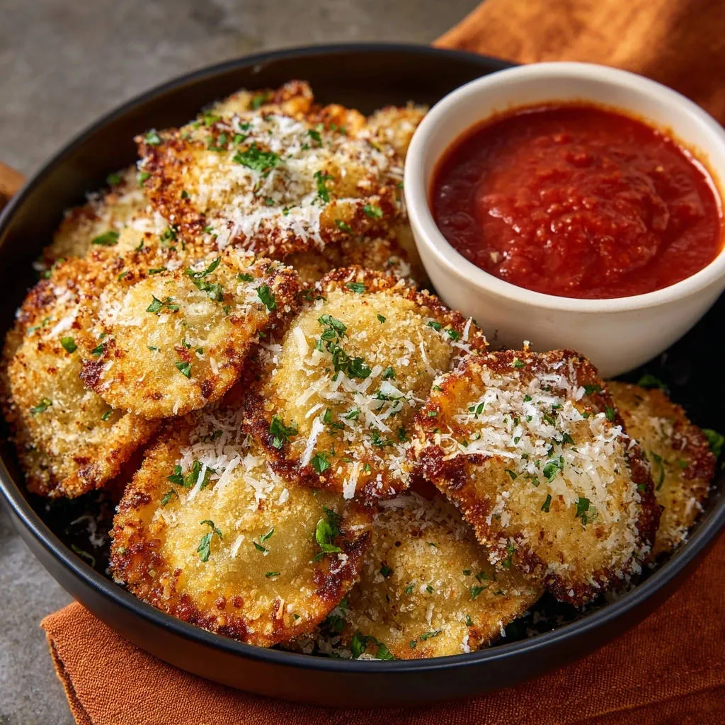 Crispy fried ravioli piled high in a bowl, sprinkled with parmesan and parsley, served with marinara sauce.