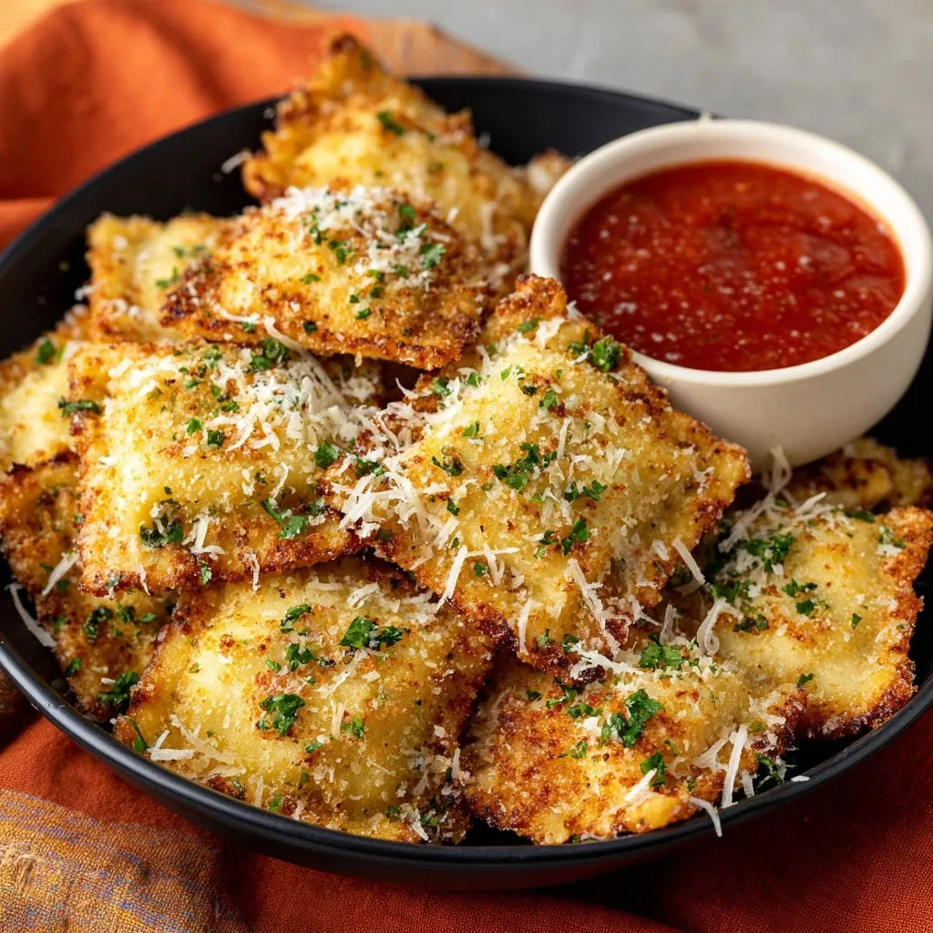 Crispy fried ravioli piled in a bowl with marinara dipping sauce and grated parmesan cheese.