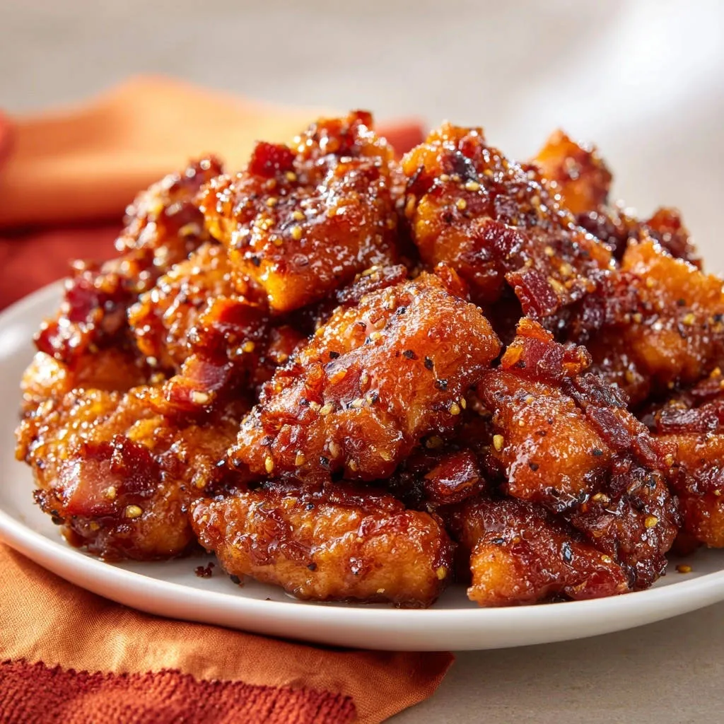 Crispy glazed chicken bites shown in a close-up view, highlighting the textured coating and glaze.