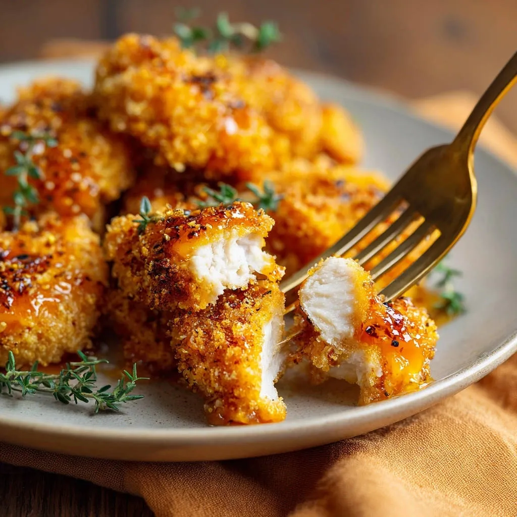 Crispy glazed chicken tenders cross-section on a fork, showcasing the juicy interior and golden breading.