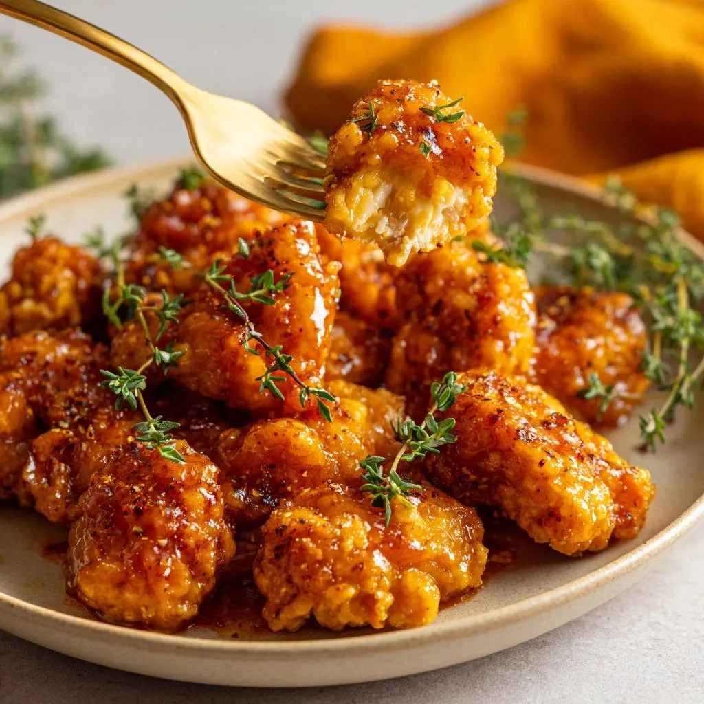 Crispy glazed chicken tenders shown on a fork, highlighting the tender interior and golden coating.