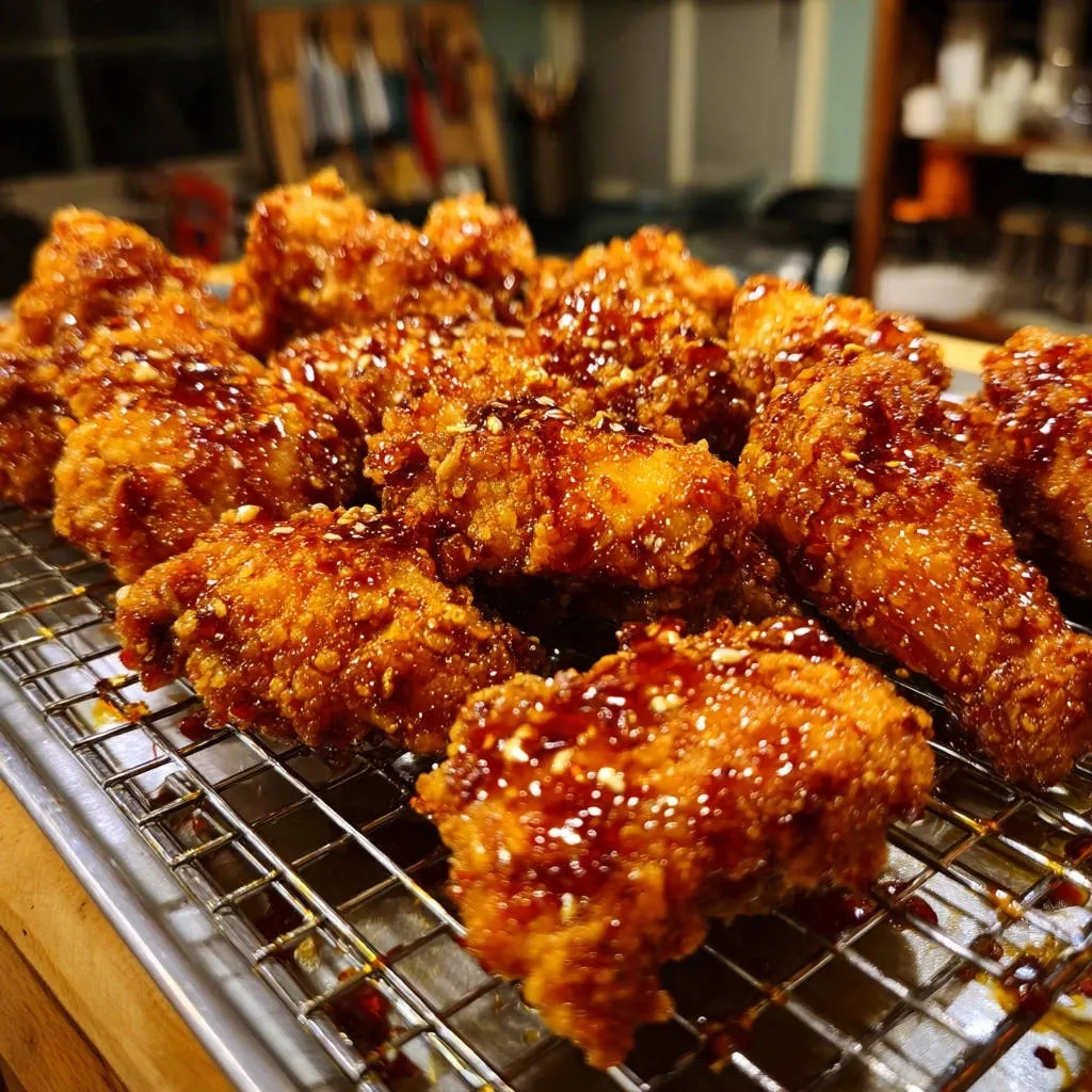Crispy glazed chicken wings cooling on a wire rack, showcasing their sticky sauce and sesame seed topping.
