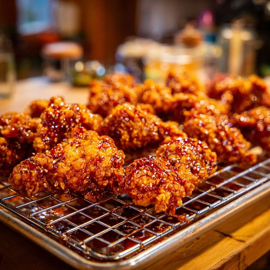 Crispy glazed chicken wings cooling on a wire rack, showcasing their sticky, sesame-seed-covered texture.