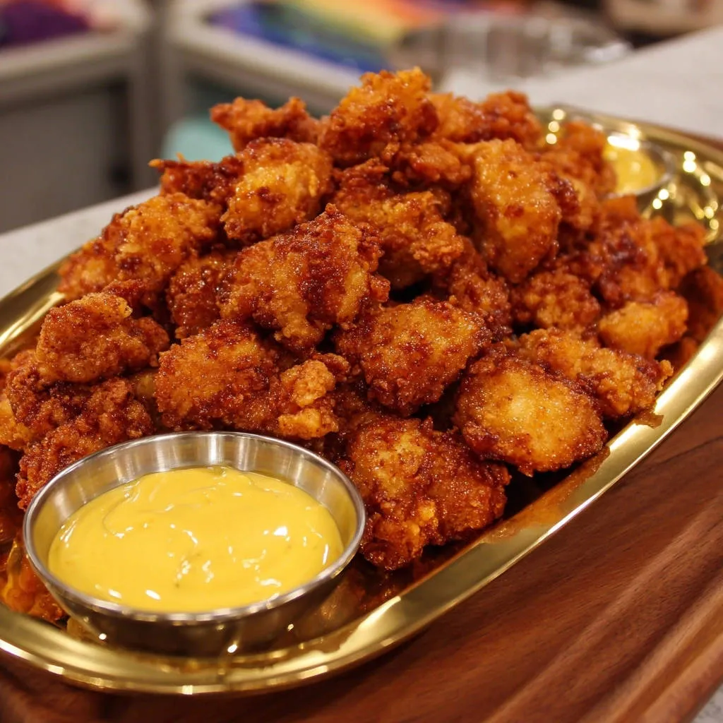 Crispy golden chicken bites piled high on a tray with a side of dipping sauce.
