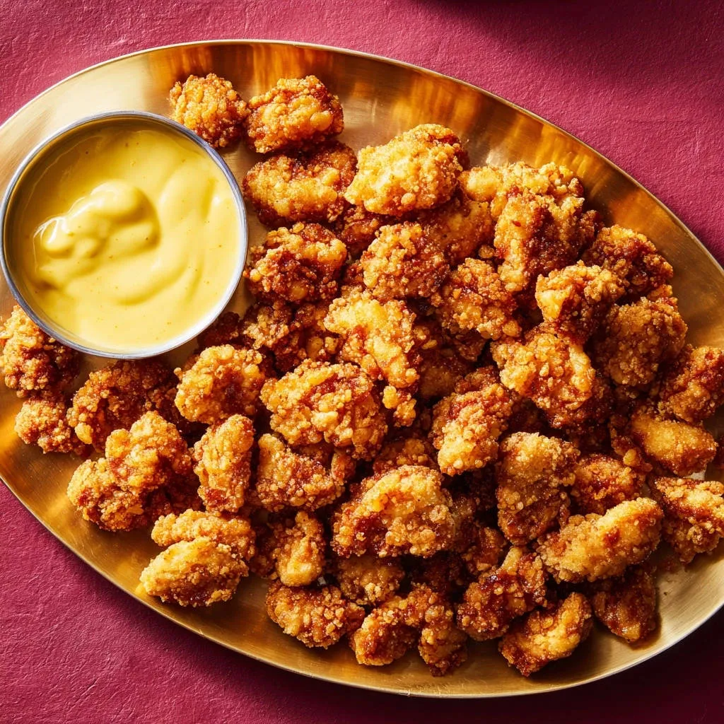 Crispy golden chicken bites served on a golden plate with a side of yellow dipping sauce.