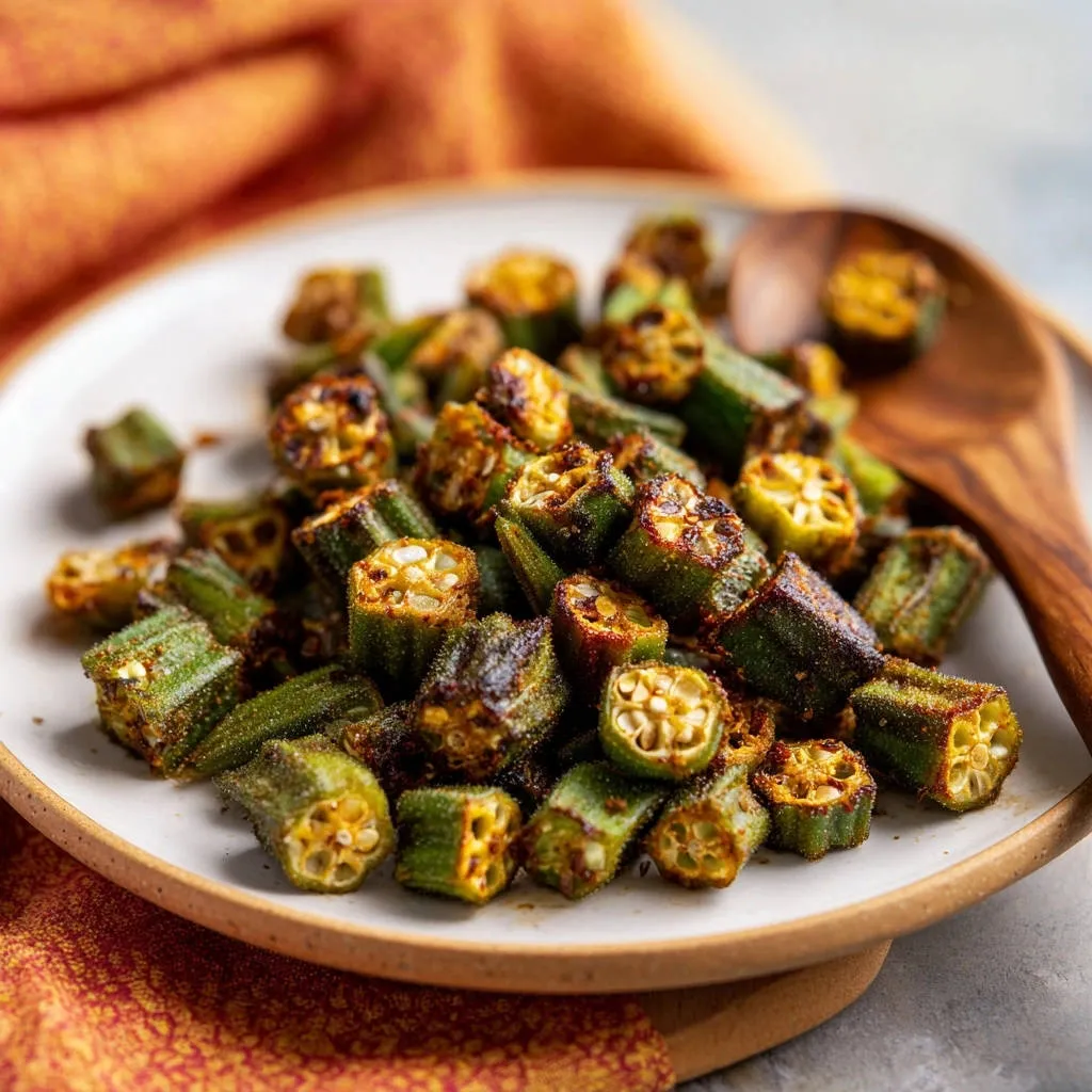 Crispy roasted okra shown in a close-up cross-section revealing its star-shaped interior texture.