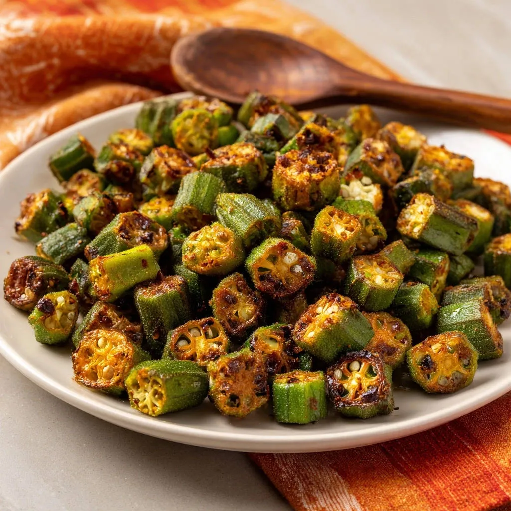 Crispy roasted okra with a close-up view of the cross-section revealing its texture and seeds.