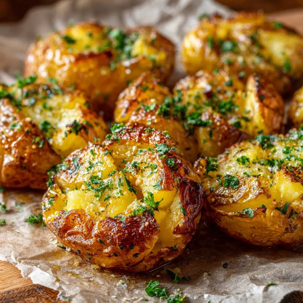 Crispy smashed potatoes shown in a close-up view, generously garnished with fresh parsley.