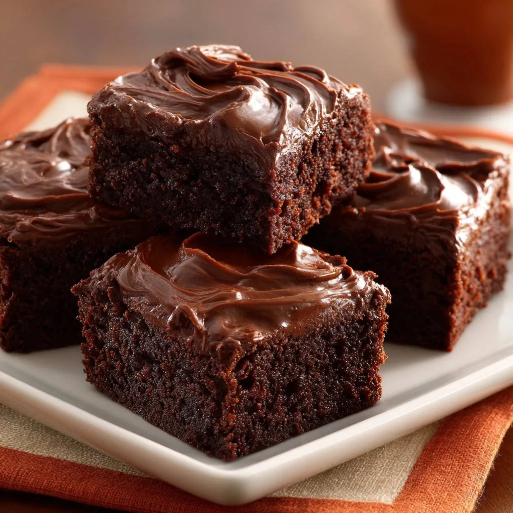 Decadent chocolate fudge cake slices stacked on a plate, showcasing rich chocolate frosting and moist texture.