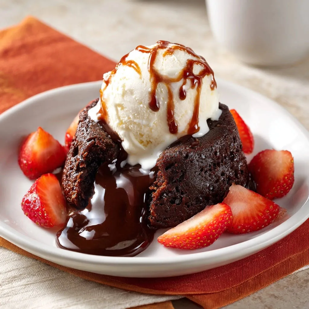 Decadent chocolate lava cake with a molten interior, served with ice cream and fresh strawberries.