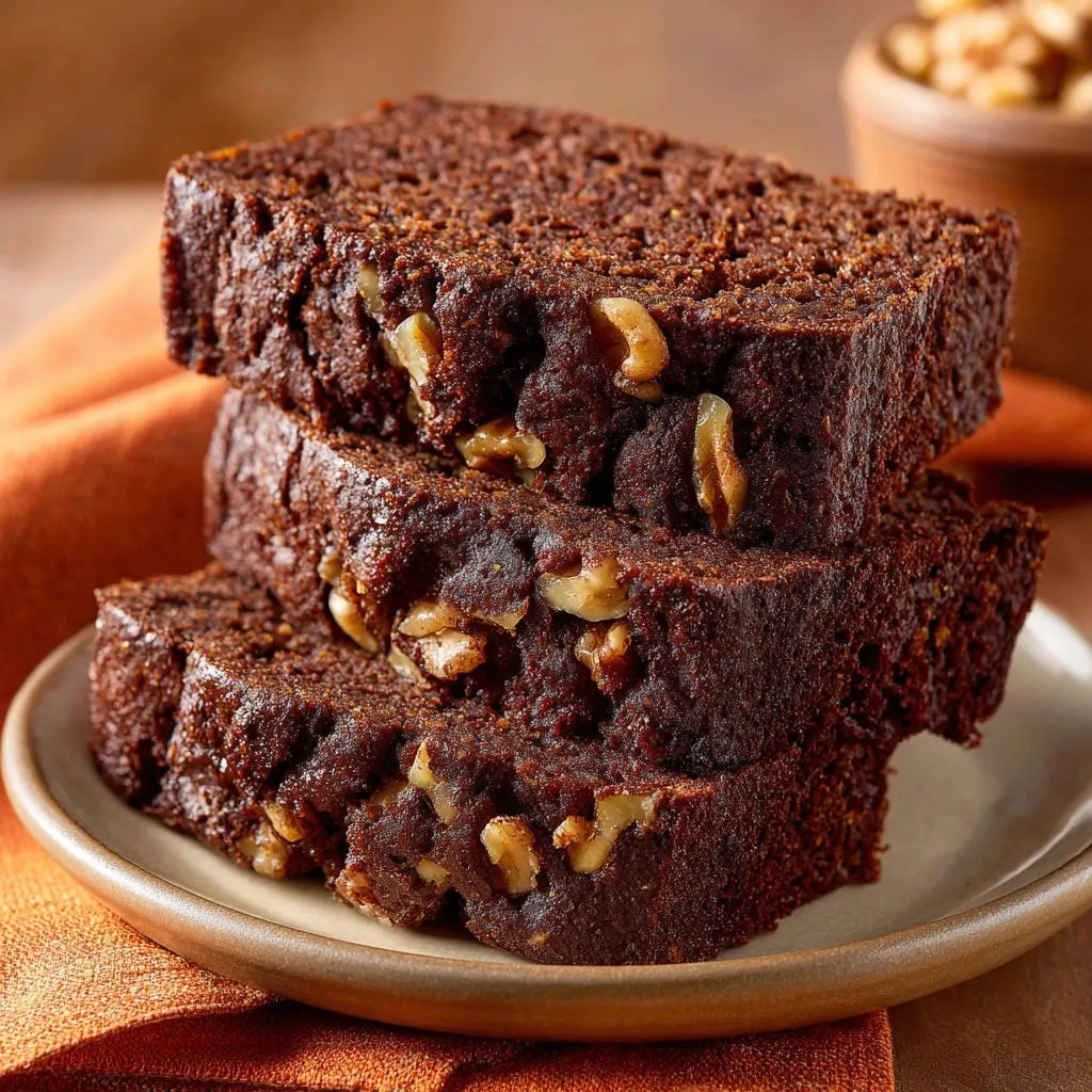 Decadent chocolate walnut loaf shown as three stacked slices on a plate, highlighting the moist interior and walnuts.