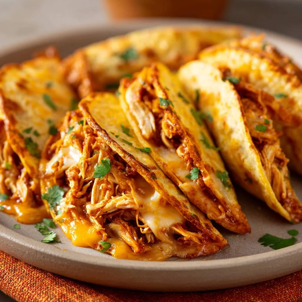 Easy cheesy chicken taquitos shown in a close-up view, revealing the shredded chicken and melted cheese filling.