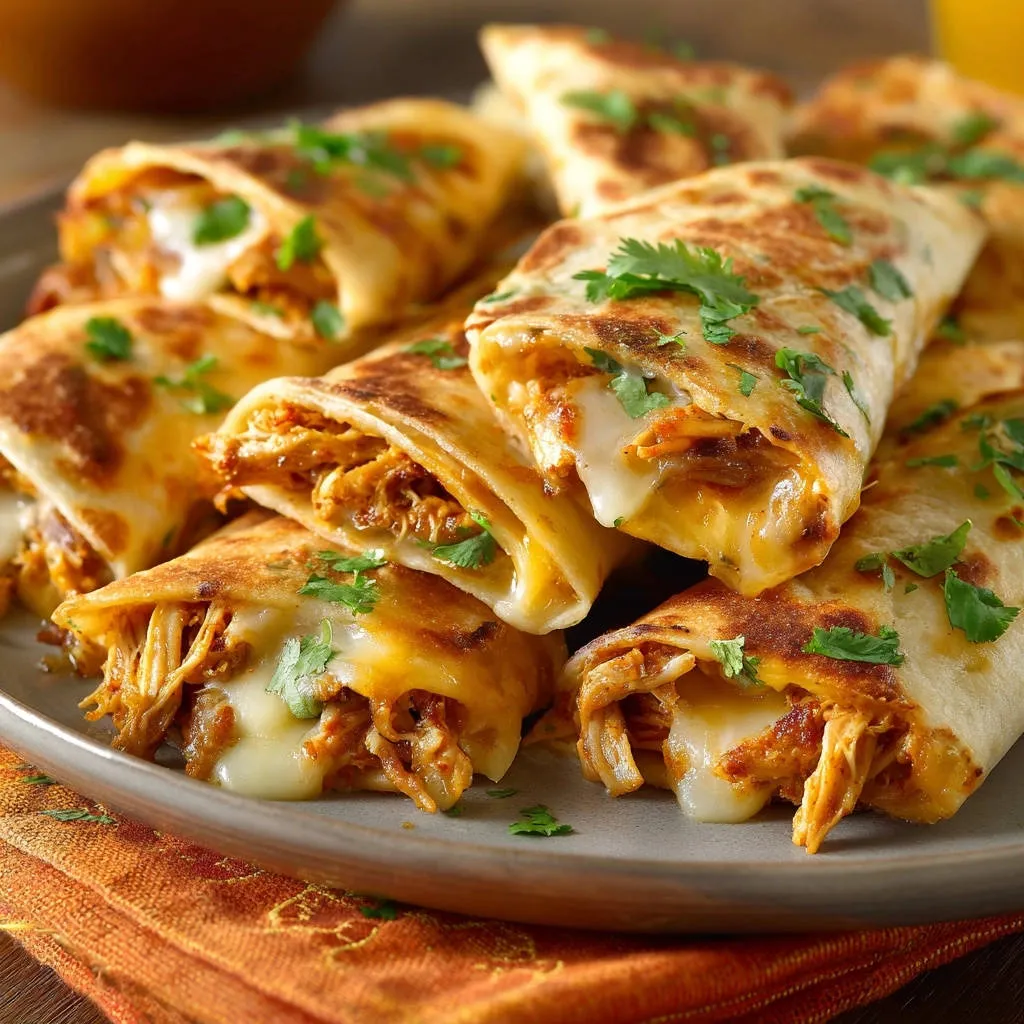 Easy Cheesy Chicken Taquitos shown in a close-up cross-section with melted cheese stretching out.
