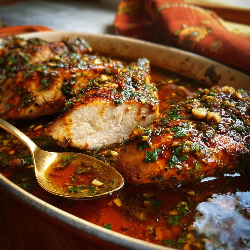 Easy garlic herb chicken shown in a cross-section with a spoonful of the flavorful sauce.