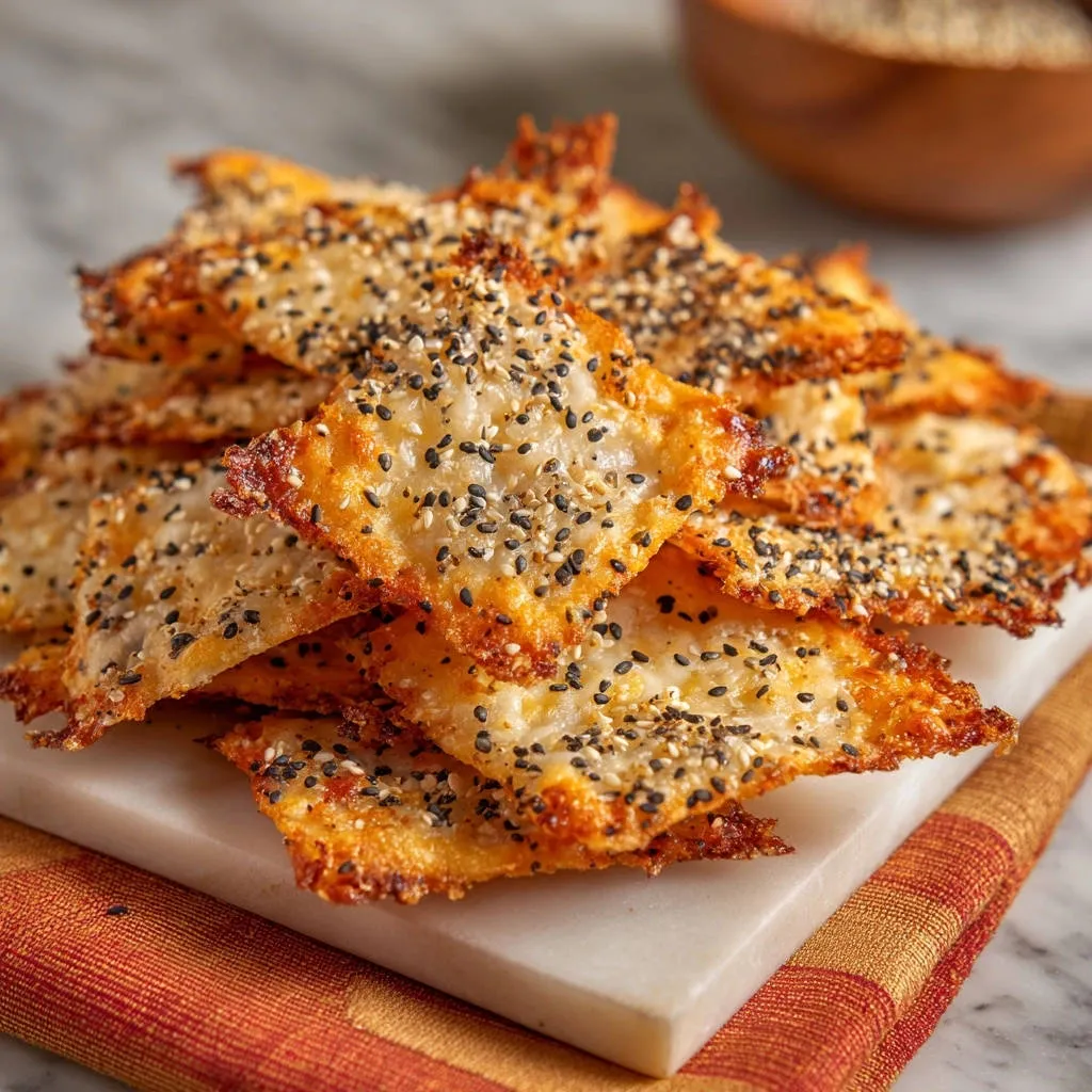 Everything cheese crisps piled high on a marble board, showcasing their golden edges and sesame seed topping.