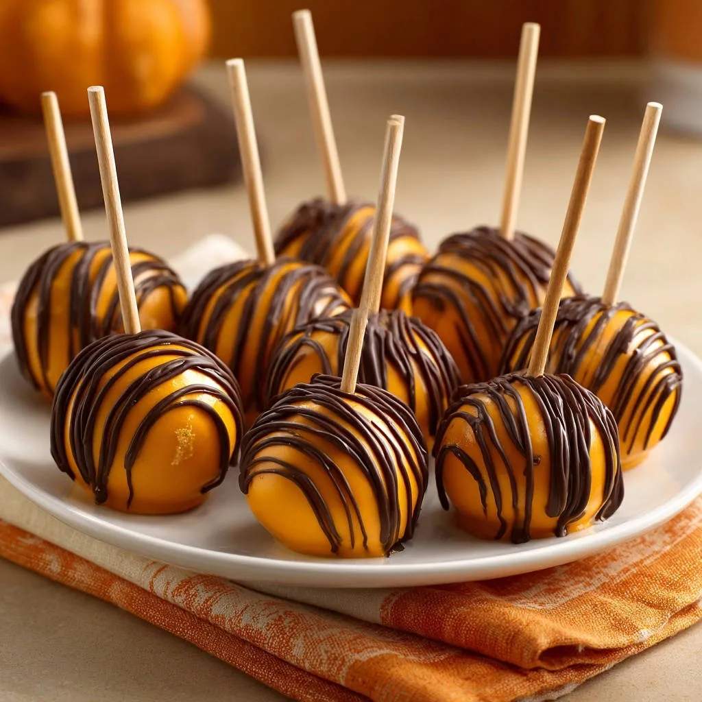 Fall Fest Cake Pops with a dark chocolate drizzle on a white plate, showcasing a festive autumn treat.