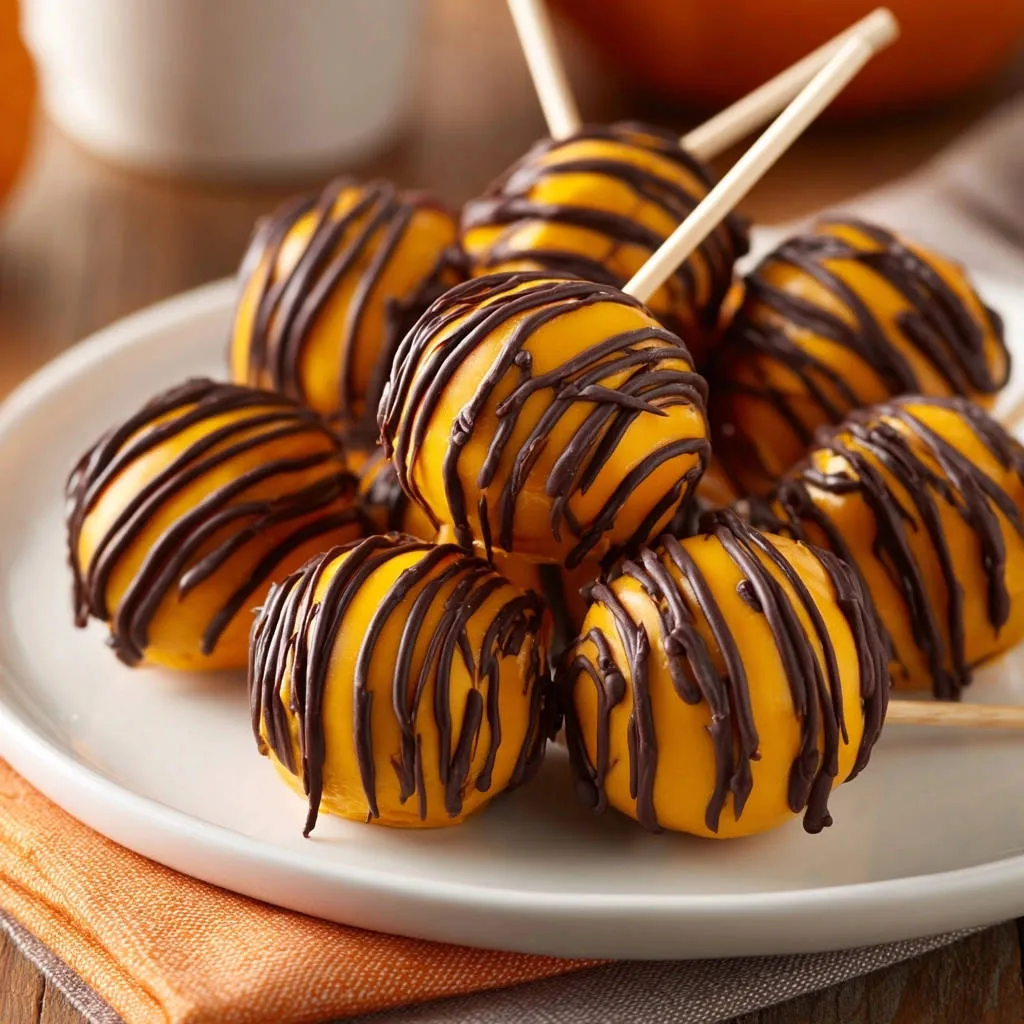 Fall fest cake pops drizzled with chocolate on a white plate, showcasing a festive autumn treat.